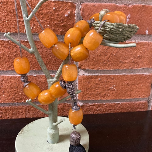 Milagros Christian Rosary prayerbeads with silk tassel amber resin beads shops and silver headwear