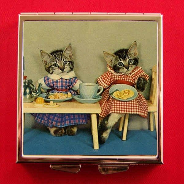 Pill Box Adorable Dressed Kittens Eating at Table Vintage Harry Whittier Frees Kitsch Cat Unique