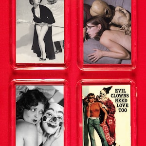Fridge Magnets Set of 4 Creepy Love Matches Witchy Woman & Pumpkinhead Alien Clown Creeper Mask Vintage Kitsch Bizarre Odd