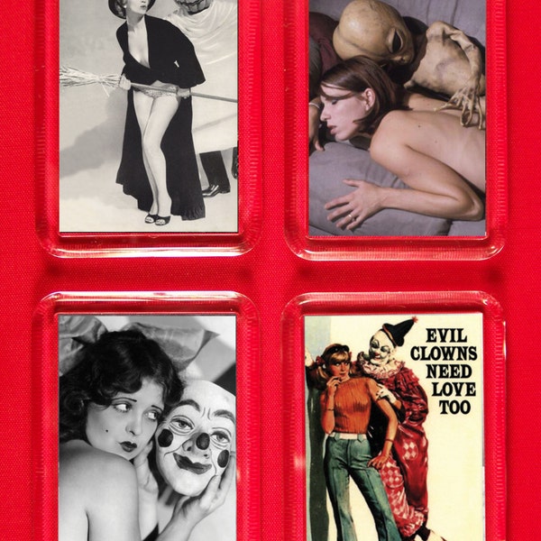 Fridge Magnets Set of 4 Creepy Love Matches Witchy Woman & Pumpkinhead Alien Clown Creeper Mask Vintage Kitsch Bizarre Odd