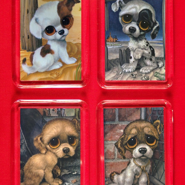 Fridge Magnets Set of 4 Adorable Gig Keane Big Sad Eye Pity Puppy Potato Chip, Golden Boy & Bucky Retro Kawaii Kitsch Retro