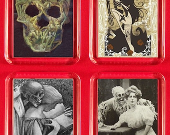 Fridge Magnets Set of 4 Creepy Skull & Skeleton Images Death Dealer, Lady and Skeleton Vintage Kitsch  Bizarre Odd Skeleton