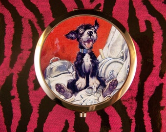 Compact Mirror Adorable Terrier Pup making a mess of Diner Table Bonzo Cartoon Kawaii Kitsch Unique Retro Vintage Kids Story Book