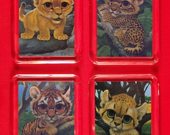 Fridge Magnets Set of 4 Adorable Gig Keane Big Sad Eye Pity Kitty Jungle Cats Lion, Leopard, Tiger & Chettah Cubs Kawaii Kitsch Retro