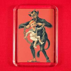 May include: A vintage illustration of a devil in red and black clothing holding a child in a white and blue outfit with a chain around their necks. The image is set against a red background.