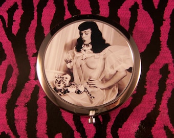 Compact Mirror Bettie Page in Sheer Nighty with Stuffed Leopard Pin Up Model Playboy Playmate Retro Vintage