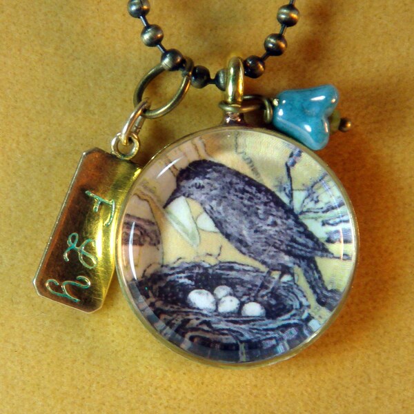 Unique Arts and Craft Jewelry. Mother Bird Pendant Necklace, eggs in a nest,
