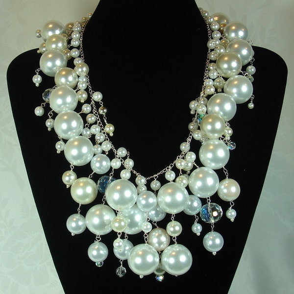 SALE. Necklace,  Pearls and Crystals, Bubbles and Baubles, Chain  Dripping with Pearls. Bridal Statement