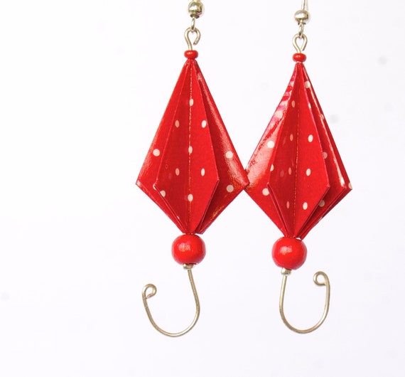Items similar to Red umbrellas earrings polka dots origami paper