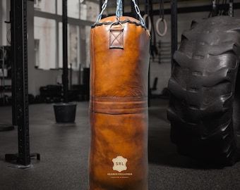 Vintage Leather Punching Bag, Handmade Cowhide Heavy Bag, Boxing MMA Training Equipment, Kickboxing Gym Gear, Unfilled Sandbag