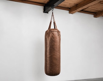 Brown Leather Punching Bag, Handmade Heavy Boxing Bag, MMA Muay Thai Training Equipment, Kickboxing Home Gym Gear