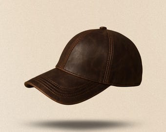 Brown Leather Baseball Cap, Genuine Cowhide Dad Hat, Handmade Adjustable Leather Hat, Vintage Trucker Cap, Unisex Gift