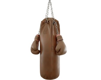 Handmade Brown Leather Punching Bag, Genuine Cowhide Heavy Boxing Bag, MMA Training Equipment, Kickboxing Heavy Bag, Home Gym Workout Gear