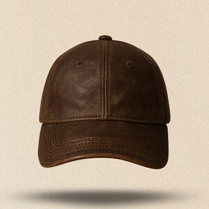 May include: A brown baseball cap with a curved brim. The cap is made of a textured material and features a button on top. The hat is a solid color and appears to be leather.