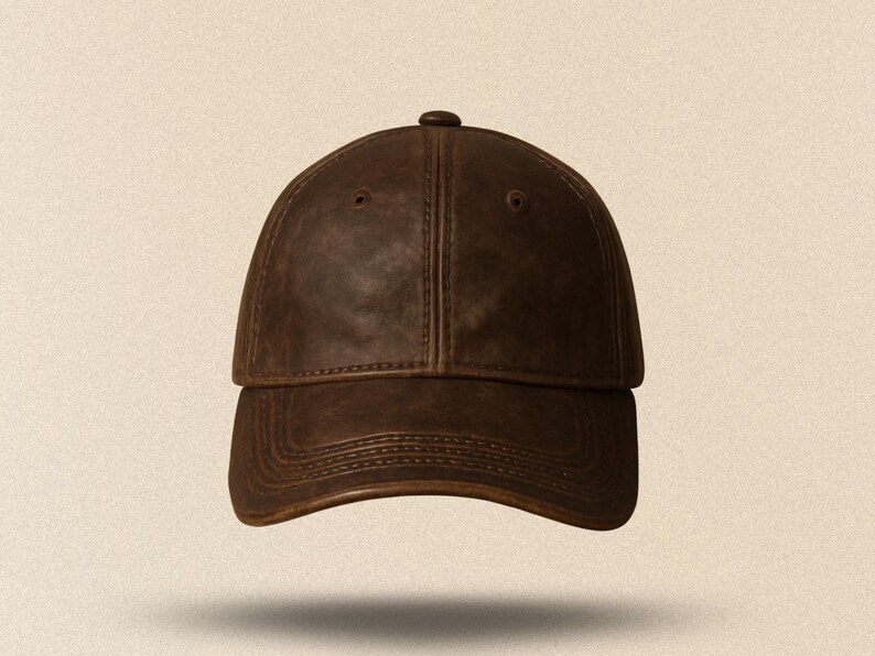 May include: A brown baseball cap with a curved brim. The cap is made of a textured material and features a button on top. The hat is a solid color and appears to be leather.