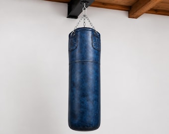 Blue Leather Punching Bag, Handmade Heavy Boxing Bag, MMA Training Equipment, Vintage Kickboxing Bag, Home Gym Heavy Bag
