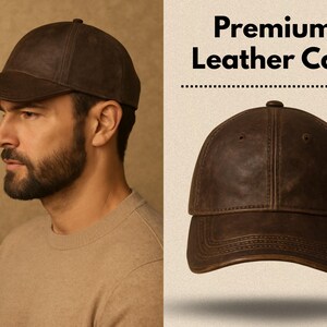 May include: A brown leather cap with a curved brim. The cap is displayed in two views, one on a person and another isolated. The text "Premium Leather Cap" is displayed in black letters. The cap has a classic baseball cap design.