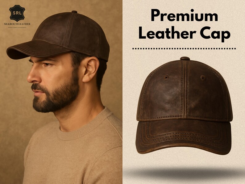 May include: A brown leather cap with a curved brim. The cap is displayed in two views, one on a person and another isolated. The text "Premium Leather Cap" is displayed in black letters. The cap has a classic baseball cap design.