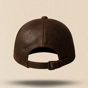 May include: A brown leather baseball cap with a curved brim and adjustable strap. The cap has a button on top and two small ventilation holes. The back of the cap is visible, showing the adjustable strap and buckle.