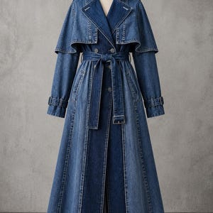 Könnte beinhalten: Langer Jeans-Trenchcoat in Blautönen, auf einer Schaufensterpuppe präsentiert. Der Mantel hat ein doppelreihiges Design, eine taillierte Taille und ein kapuzenartiges Detail an den Schultern. Der Mantel hat einen bodenlangen Rock und wird mit Knöpfen und einem Gürtel geschlossen.