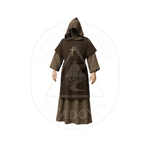 May include: A brown hooded robe with a cross emblem, featuring a long skirt and short sleeves. The robe has a cross and a landscape design on the front. The garment is likely made of a textured fabric.