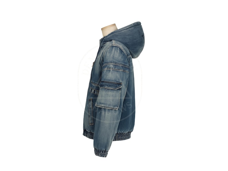 K&ouml;nnte beinhalten: Blaue Jeansjacke mit Kapuze, Seitentaschen und geripptem Saum. Die Jacke hat eine verwaschene Optik und eine lockere Passform. Die Jacke wird auf einer Schaufensterpuppe pr&auml;sentiert.