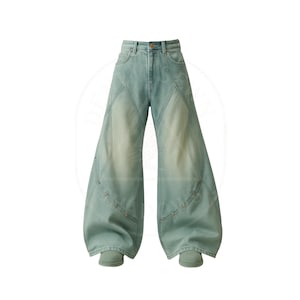 May include: Light blue denim jeans with a wide leg design. The jeans have a high waist and feature a unique panel design on the front. The jeans are a light wash and have a button and zipper closure.