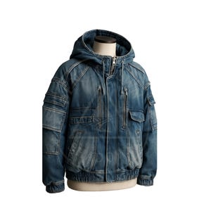 K&ouml;nnte beinhalten: Blaue Jeansjacke mit Kapuze, mehreren Taschen und Rei&szlig;verschluss. Die Jacke hat einen Saum im Bomberstil und wird auf einer Schaufensterpuppe pr&auml;sentiert. Ma&szlig;e nicht sichtbar.