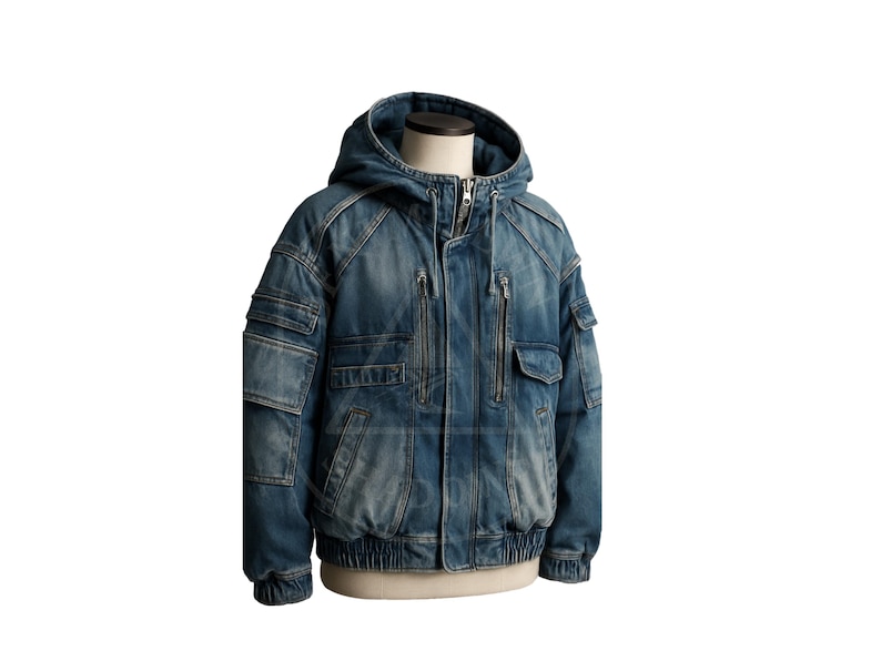 K&ouml;nnte beinhalten: Blaue Jeansjacke mit Kapuze, mehreren Taschen und Rei&szlig;verschluss. Die Jacke hat einen Saum im Bomberstil und wird auf einer Schaufensterpuppe pr&auml;sentiert. Ma&szlig;e nicht sichtbar.