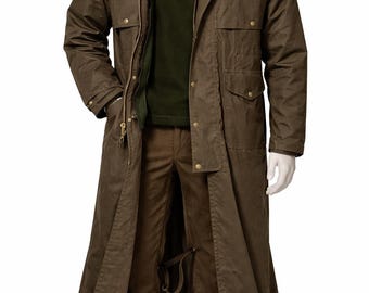 Men's Olive Waxed Cotton Duster Coat | Waterproof Western Long Trench Jacket