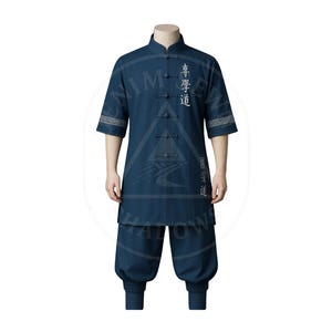 Traditional Martial Tunic with Embroidered Script & Tapered Pants  Blue Discipline Uniform Set