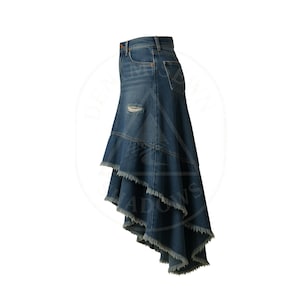 May include: A denim skirt with a unique asymmetrical design. The skirt features a distressed look with a ripped detail and frayed edges. The skirt has a classic five-pocket design and a button and zipper closure.
