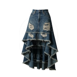 May include: A blue denim skirt with a high-low hemline and distressed detailing. The skirt features multiple layers with frayed edges and ripped sections, creating a unique, textured look. The skirt has a classic five-pocket design.