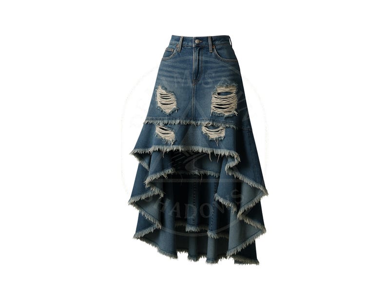 May include: A blue denim skirt with a high-low hemline and distressed detailing. The skirt features multiple layers with frayed edges and ripped sections, creating a unique, textured look. The skirt has a classic five-pocket design.