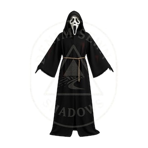 May include: A black Scream costume featuring a hooded robe, a white mask with a screaming expression, and a gold rope belt. The costume has long sleeves and a floor-length hemline, perfect for Halloween or cosplay events.