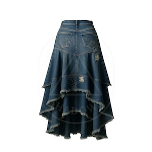 May include: A denim skirt with a layered, ruffled design. The skirt has a high waist and distressed details, including frayed edges and ripped sections. The skirt is a medium wash blue.