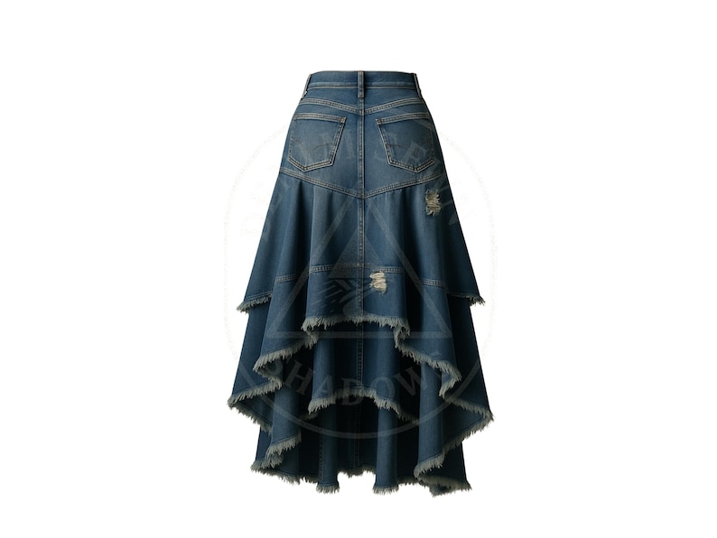 May include: A denim skirt with a layered, ruffled design. The skirt has a high waist and distressed details, including frayed edges and ripped sections. The skirt is a medium wash blue.