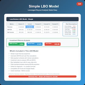 LBO Model Template Excel | Simple Leveraged Buyout Analysis | Financial Model Spreadsheet | Business Valuation Tool | Finance Student