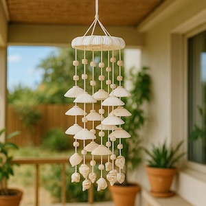 May include: A hanging seashell wind chime with a circular top and multiple strands of shells and beads. The wind chime is suspended from a white cord and hangs in front of a porch with potted plants.