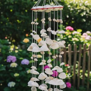 May include: A seashell mobile, featuring multiple strands of white shells and small beige shells. The mobile hangs from a red-trimmed, shell-covered top. The background shows a green garden with colourful flowers and a wooden fence.
