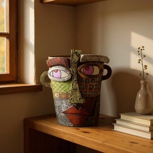 Peut inclure: Un vase décoratif en céramique en forme de visage, avec un mélange de couleurs et de textures. Le vase a de grands yeux expressifs, un nez proéminent et des lèvres rouges. Le design intègre des éléments verts, bruns et gris, avec des poignées de chaque côté.