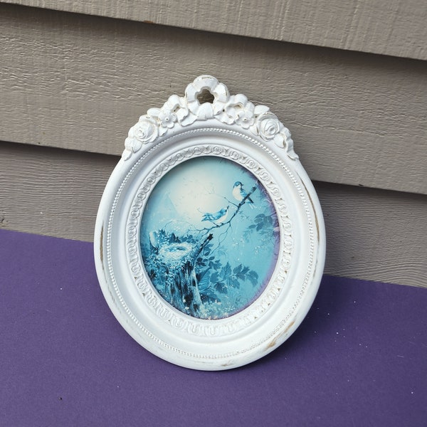 Homco Framed Faded Bird Picture, Ornate Garland Topped Oval Picture frame painted white and distressed , with glass & backing