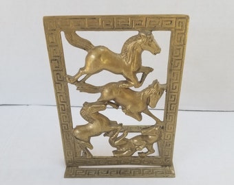 Solid Brass Horses Single Folding Bookend with Asian Themed Greek Key Border