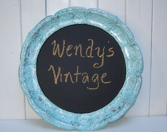 Beautiful Round Chalkboard - Aqua and Silver Tray Sign