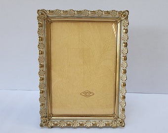 Embossed Brass Picture Frame 5 x 7 Ornate Floral Design with Antiqued White Washed Brass finish - French Provincial