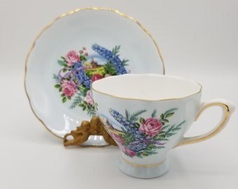Colclough England Bone China Cup and Saucer Floral Horseshoe Wreath Pale Blue Pink Roses and Blue Forget-me-not