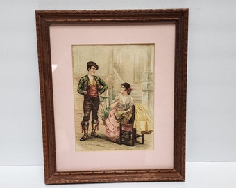 Picture of Victorian Couple,  Custom Framed, 11 in x 13 in Wood Frame Pink Matte in natural wood