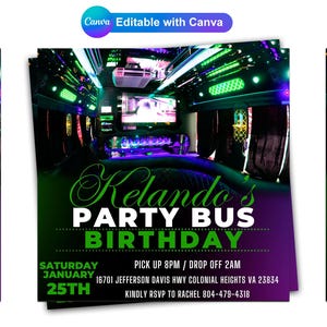 Party Bus Birthday Invitation: Editable Canva Flyer (Digital Download)