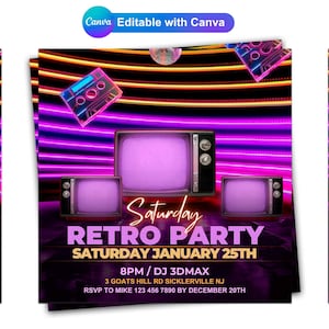 Retro Party Flyer, Retro Birthday Party Invitation, 90&#39;s Party Invitation, 80&#39;s Party Flyer, Retro TV Party Flyer Editable, Throwback Flyer