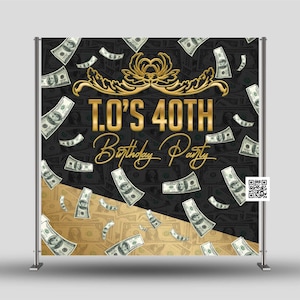 Puede incluir: Un telón de fondo negro y dorado para una fiesta de 40 cumpleaños. El diseño presenta billetes de dólar cayendo, con el texto "T.O.'S 40TH Birthday Party" en letras doradas. Un diseño floral dorado en la parte superior.